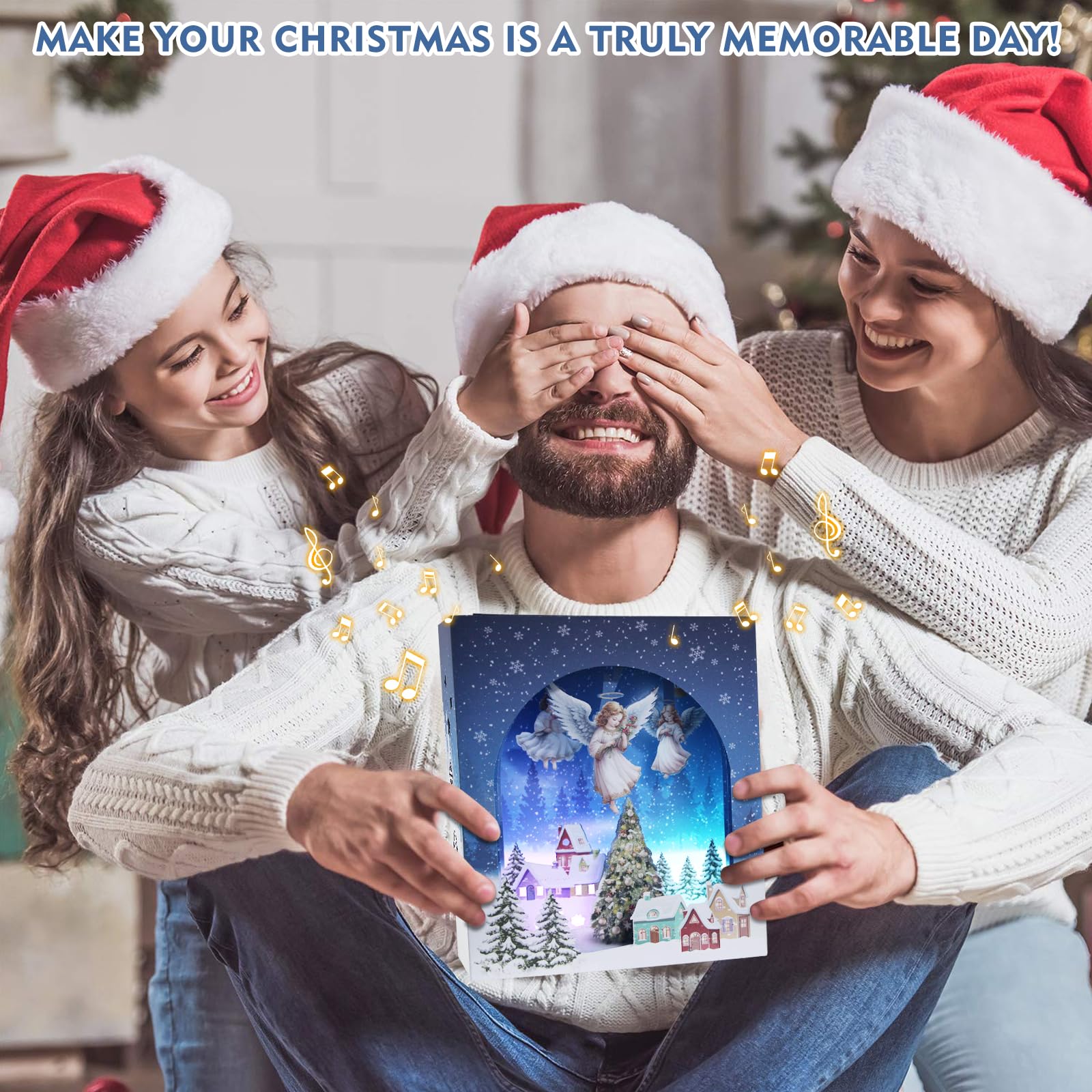 Yinghezu 3D Pop Up Christmas Cards with Lights & Music with Envelopes, Animated Christmas Gift Cards for Mom Women Men Kids Child Dad Father Wife Husband Boys Girls