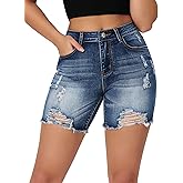 roswear Women’s Casual Summer Ripped High Waisted Shorts Stretch Distressed Frayed Raw Hem Jean Shorts