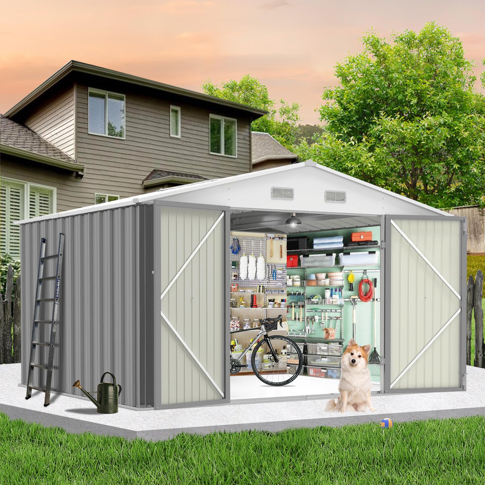 Photo 1 of *PARTIAL SET* Garvee 10×8FT Outdoor Storage Shed, Metal Waterproof Garden Storage Shed Galvanized Steel Utility Tool Shed with Lockable Doors & Vents, All-Weather Shelter for Bike/Kids Car/Mowers/Tool, etc. Gray