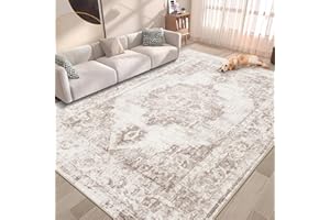 ZOMFY Area Rug 5x7 Vintage Rug: Washable Indoor Medallion Rug Low Pile Distressed Floor Carpet Retro Accent Rug for Living Room Bedroom Kitchen Dining Table Home Office(Beige, 5'x7')