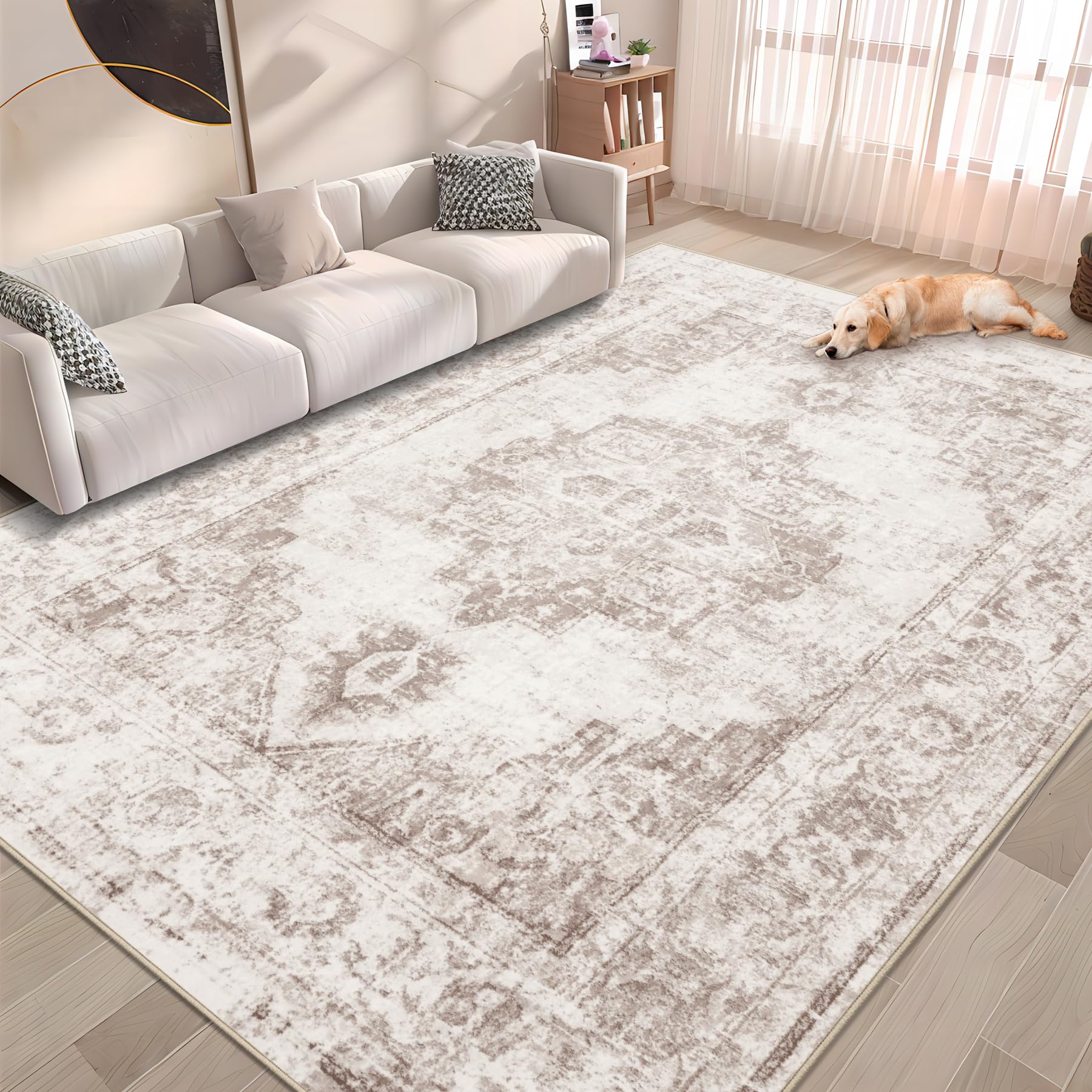 Photo 1 of Area Rug 6x9 Vintage Rug: Washable Indoor Medallion Rug Low Pile Distressed Floor Carpet Retro Accent Rug for Living Room Bedroom Kitchen Dining Table Home Office(Beige, 6'x9')