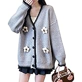 FindThy Women’s 3D Crochet Flower Cardigan Sweater Trendy V-Neck Long Sleeve Button Down Color-Blocked Knit Outerwear