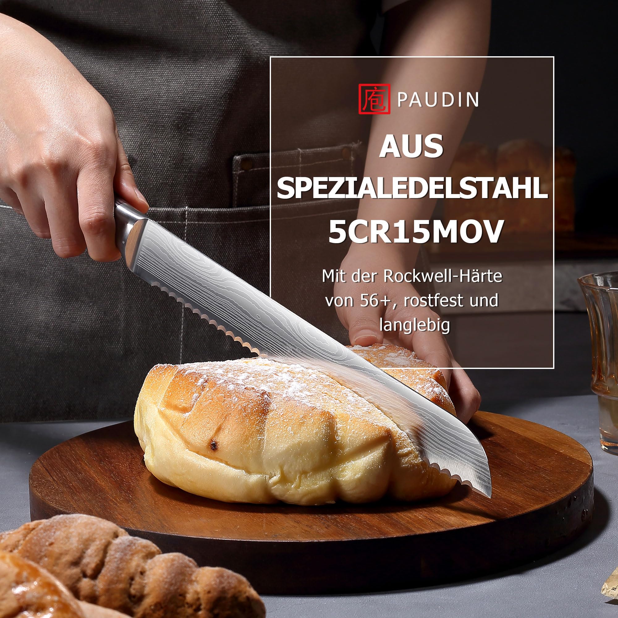 PAUDIN Brotmesser mit Wellenschliff 26 cm aus hochwertigem rostfreiem Edelstahl, extra scharfe Messerklinge mit ergonomischem Pakkaholzgriff 5