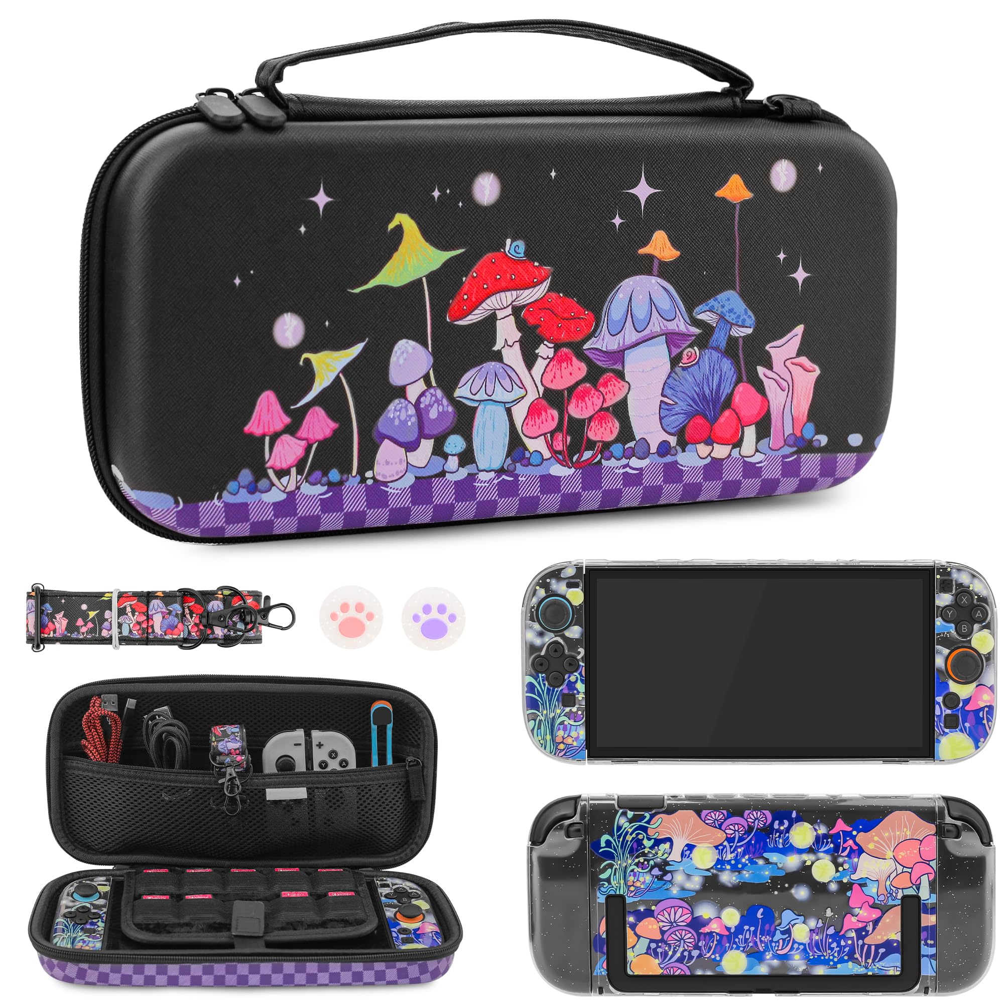 RHOTALL Colorful Mushroom Carrying Case for Nintendo Switch 2 (2025),Black Protective Travel Case,Cute Clear Glitter Hard Dockable Shell Cover for Switch 2,Screen Protector,Shoulder Strap,2 Thumb Cap