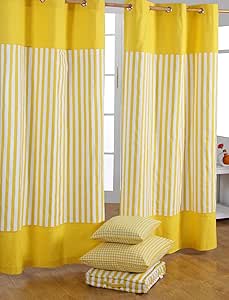 HOMESCAPES par de Cortinas de algodón Amarillas a Rayas Finas 137x182cm