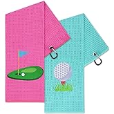 Vansolinne Golf Towels for Bags - Microfiber Waffle Pattern Pink Blue - Funny Gifts for Golf Fans, Set of 2