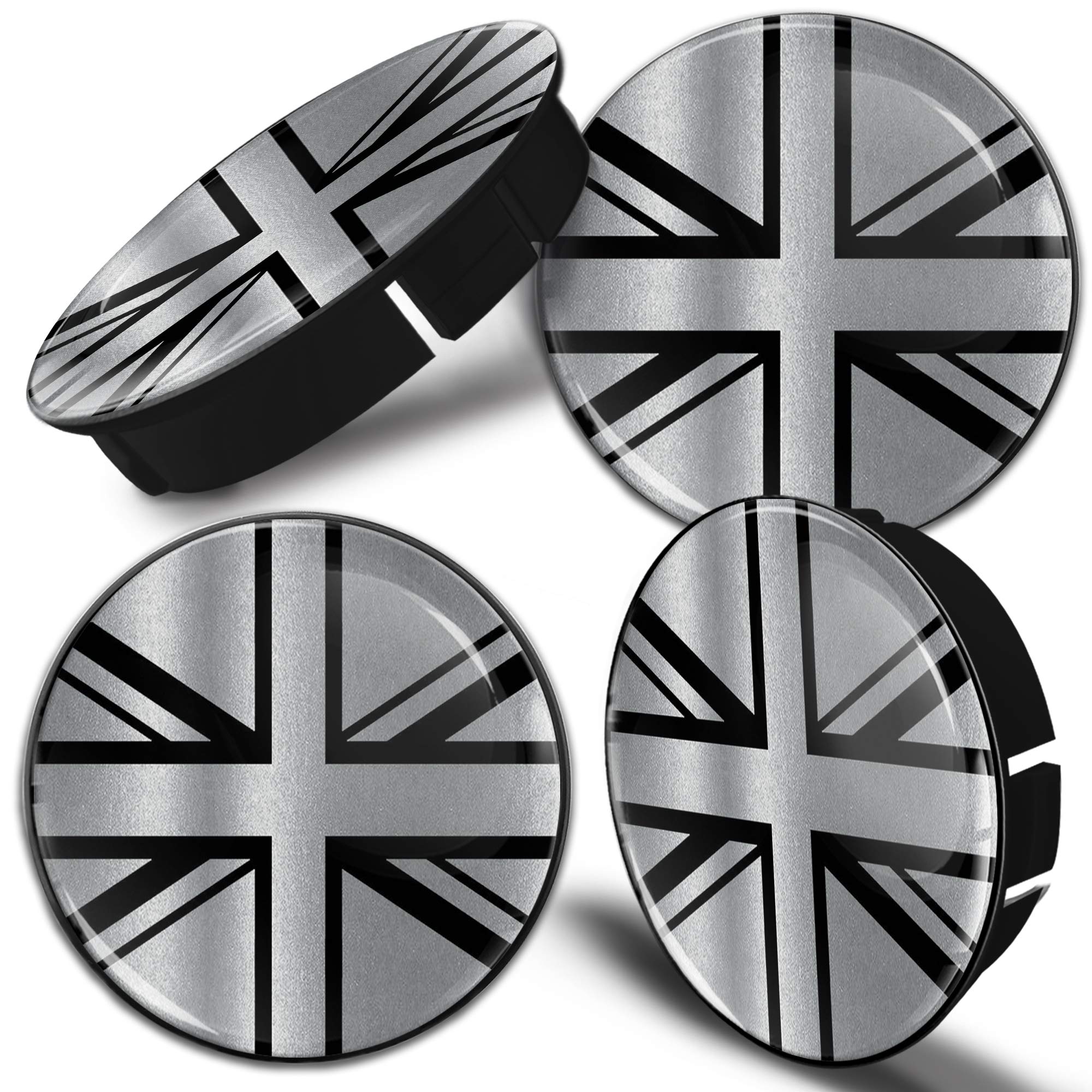 Biomar Labs 60mm Wheel Centre Caps Set of 4 – Black ABS Plastic Alloy Wheel Hub Caps Replacement – Push Fit Car Wheel Centre Caps (United Kingdom GB Flag C 110)
