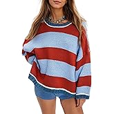 Fnortc Women's Chunky Knit Striped Sweaters Casual Long Sleeve Crew Neck Oversized Pullover Sweater Winter Fall Spring Tops