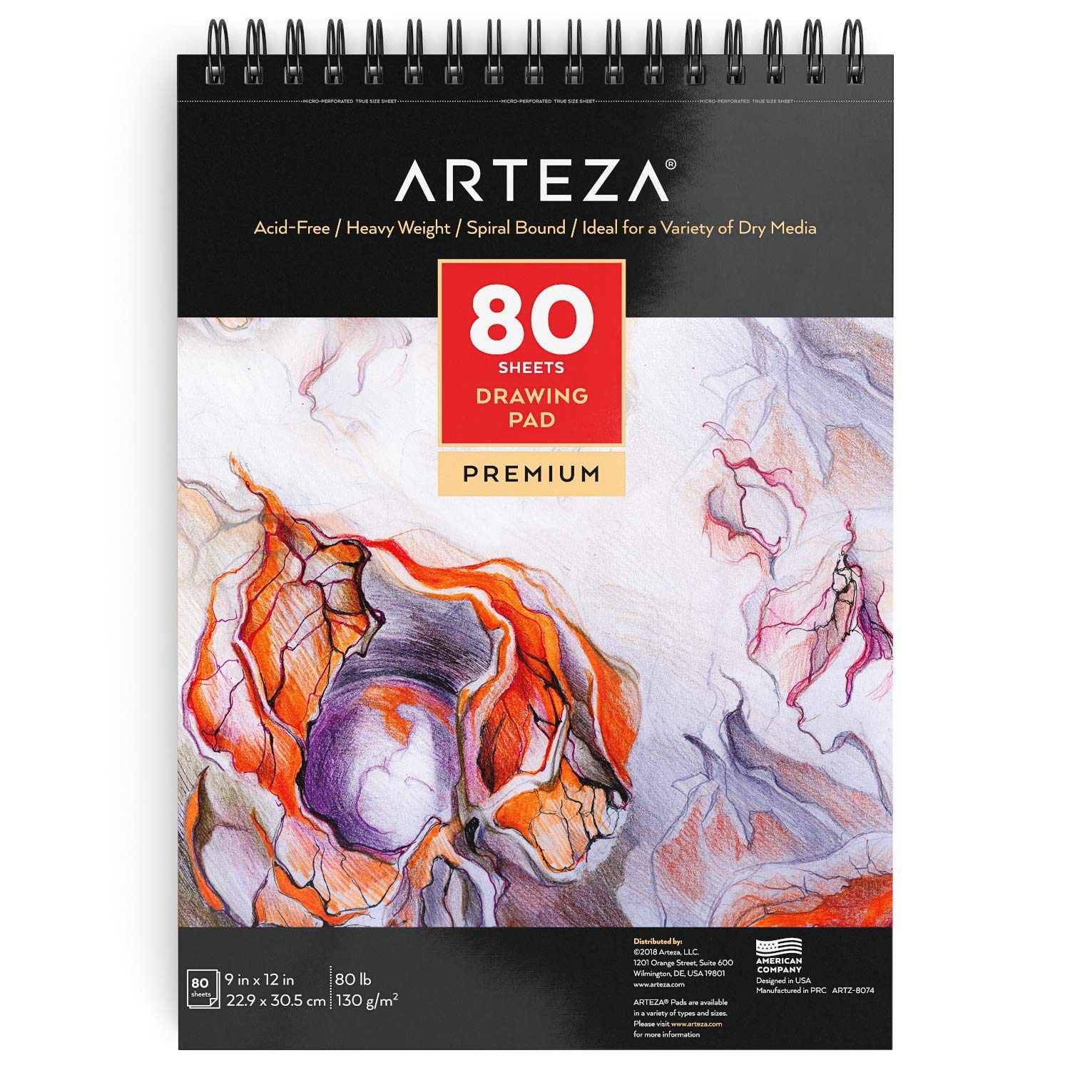 Arteza Drawing Pad, 9 x 12 Inches, 80 Pages, Spiral-Bound Sketchbook, Heavyweight 80-lb Paper, Art Supplies for Illustrating, Journaling, and Sketching, White