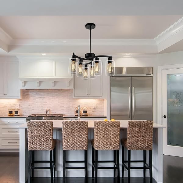 CNRATYE 6-LIGHT MODERN FARMHOUSE BLACK CHANDELIER, CONTEMPORARY DINING ROOM LIGHT FIXTURE, ADJUSTABLE HEIGHT HANGING INDUSTRIAL PENDANT LIGHTS KITCHEN ISLAND, CLEAR GLASS SHADE