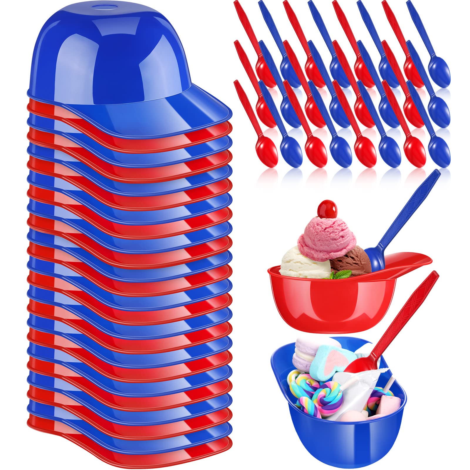 Photo 1 of 24 Count Summer Baseball Helmet Snack Ice Cream Bowl 24 Pcs Disposable Taster Spoons 8 oz Mini Sundae Bowls Dessert Plastic Spoons for Party Supplies(Red, Dark Blue)