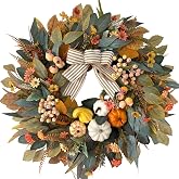HipTree 24 Inch Fall Wreath for Front Door,Pumpkin Wreath Farmhouse Decor | Autumn Eucalyptus Leaves Frosted Berries & Striped Bow, Rustic Thanksgiving Decor for Indoor Outdoor Porch Wall Home