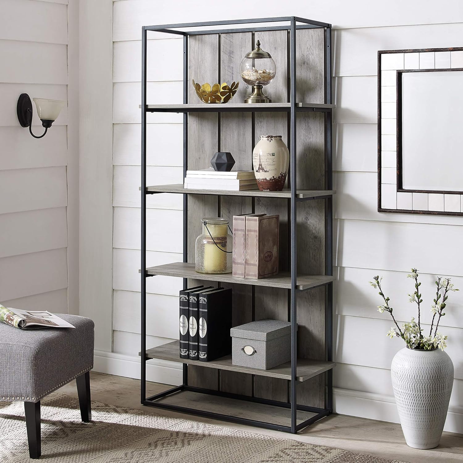 Walker Edison Rustic Farmhouse Metal and Wood Bookcase Bookshelf Home Office Living Room Storage, 4 Shelf, Grey Wash