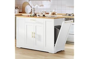 YITAHOME 53 inch Large Rolling Kitchen Island with Trash Can Storage Cabinet, Portable Mobile Islands Table Long Floating Movable w Wheels Cabinet for 13 Gallon Garbage Bin 2 Drawer, White Oak