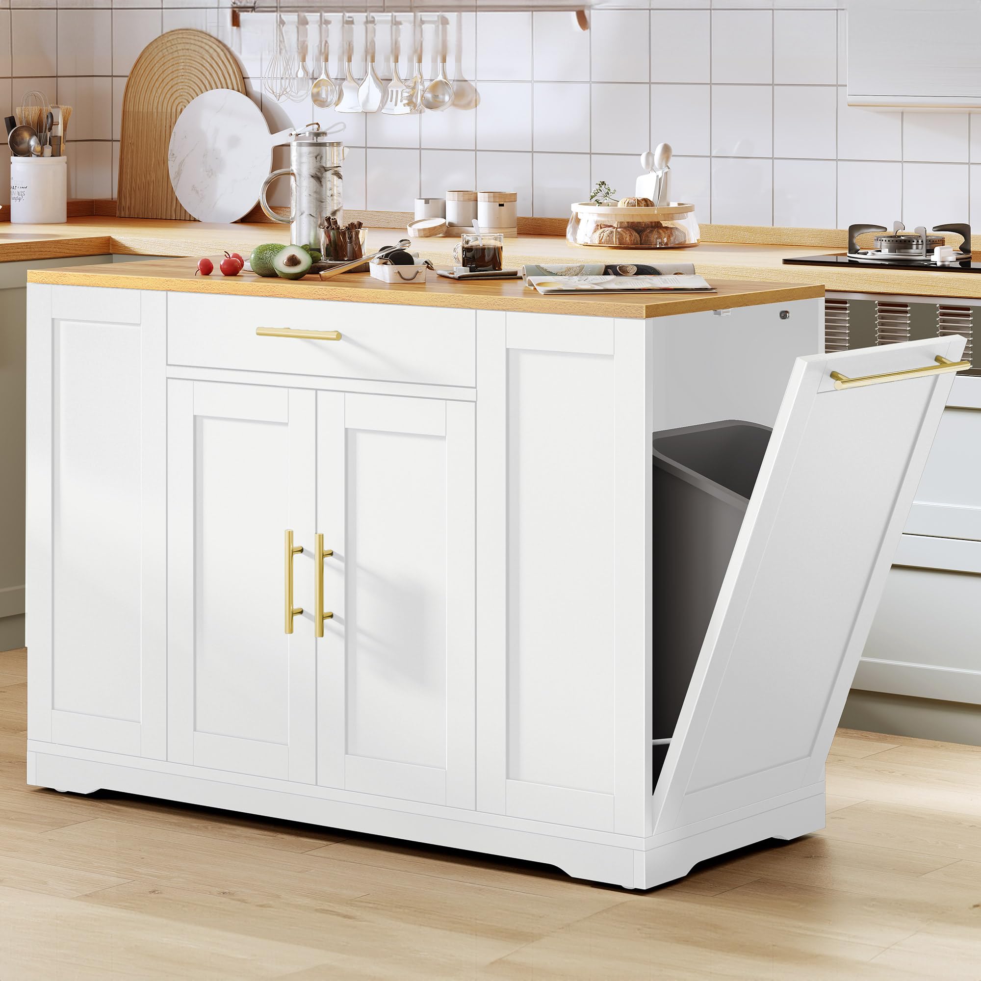 Photo 1 of YITAHOME 53 inch Large Rolling Kitchen Island with Trash Can Storage Cabinet, Portable Mobile Islands Table Long Floating Movable w Wheels Cabinet for 13 Gallon Garbage Bin 2 Drawer, White Oak