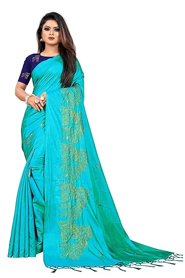 Womens Sana Silk Embroidey Saree with Blouse Piece