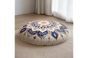 DAWNYIELD Meditation Cushion 32 Inch Round, Extra Thick Memory Foam Floor Pillow with Removable Washable Cover, Bohemian Mandala Yoga Cushion for Adults - Ideal Holiday Decor, Blue