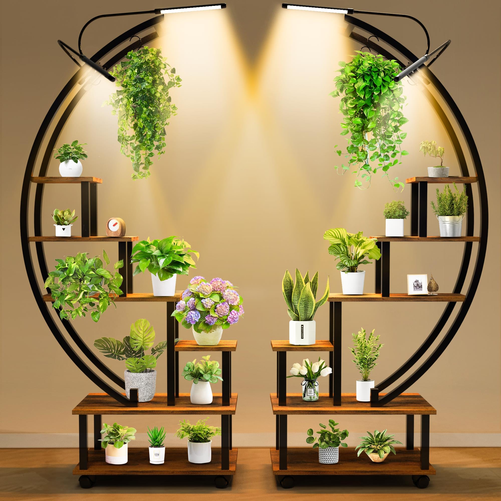 Photo 1 of *Rust?* HOPERAN Plant Stand with Grow Light, 6 Tier Tall Plant Stand Indoor with 4 Hanging Hooks, Half Moon Shaped Ladder Plant Shelf Display Holder, Large Plant Rack for Living Room, Patio, Balcony