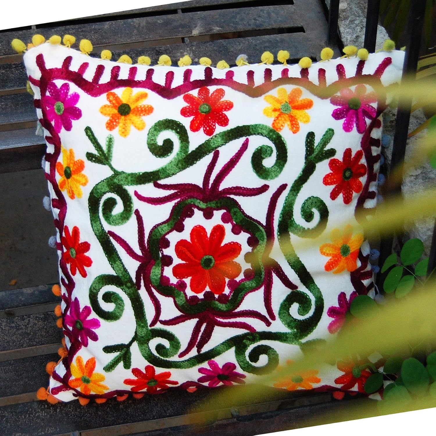 Traditional Jaipur Boho Throw Suzani Pillow, Embroidered
