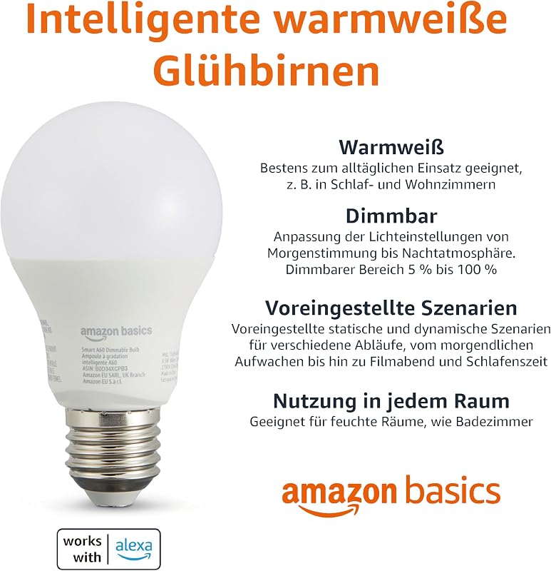 smarte LED-Glühbirne, dimmbar, E27, sanftes Weiß, 8W (60W Equivalent), funktioniert nur mit Alexa, 2 Stück