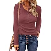 WNEEDU Women's Waffle Knit Tops Casual Long Sleeve Blouses Slim Fit Button Down V Neck Henley Shirt