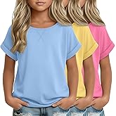 LessonZoo 3 Pack Girls Short Sleeve T Shirts Kids Loose Fit Crew Neck Tops Rolled Cuff Summer Basic Casual Tees Blouse