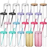 Nuenen 20 Pcs 16 oz Plastic Snow Globe Tumbler Pre Drilled Double Wall Plastic Can with Lid and Straw Double Wall Snowglobe Cup with Colorful Lid Mason Jar Cups for Snow Globe Glitter DIY Gift