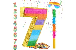 MUWOOB Rainbow Number 7 Pinata for 7th Birthday Party Decorations, Fiesta, Kids Anniversary Celebration, Birthday Pinata with Stick, Blindfold and Confetti (Small, 16.5 x 11.5 x 3 In)