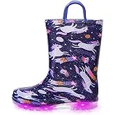 EUXTERPA Toddler Kids Waterproof Light Up Rain Boots Patterns and Glitter Boots with Handles for Boys Girls