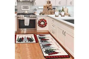 OUXIOAZ Buffalo Plaid Xmas Trees Red Merry Christmas Kitchen Rugs Set of 2, Winter Holiday Party Low-Profile Floor Mat Decorations for Home Kitchen 17"x47"+17"x30"