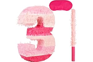 Birchio Pinks Number 3 Pinatas Bundle with a Blindfold and Bat(16.1 x 10.75 x 4 Inches), Perfect for Boys and Girls Birthday Party Supplies, Pink Theme Birthday Decoration (Pink Number 3)