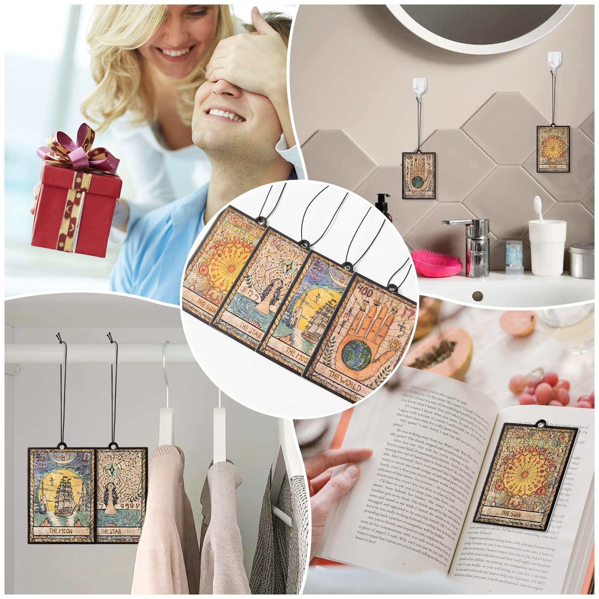L1rabe 4P Vintage Tarot Car Air Fresheners, The Star World Sun Moon Hanging Air Freshener Fragrance Scented Cards Old Style Tarot Theme Car Aromatherapy Tablets Bedroom Wardrobe Shoe Cabinet Deodorant