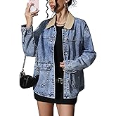 ELLEVEN Oversized Barn Denim Jackets for Women, Boyfriend Contrast Collar Button Down Jean Jacket Coats with Pockets