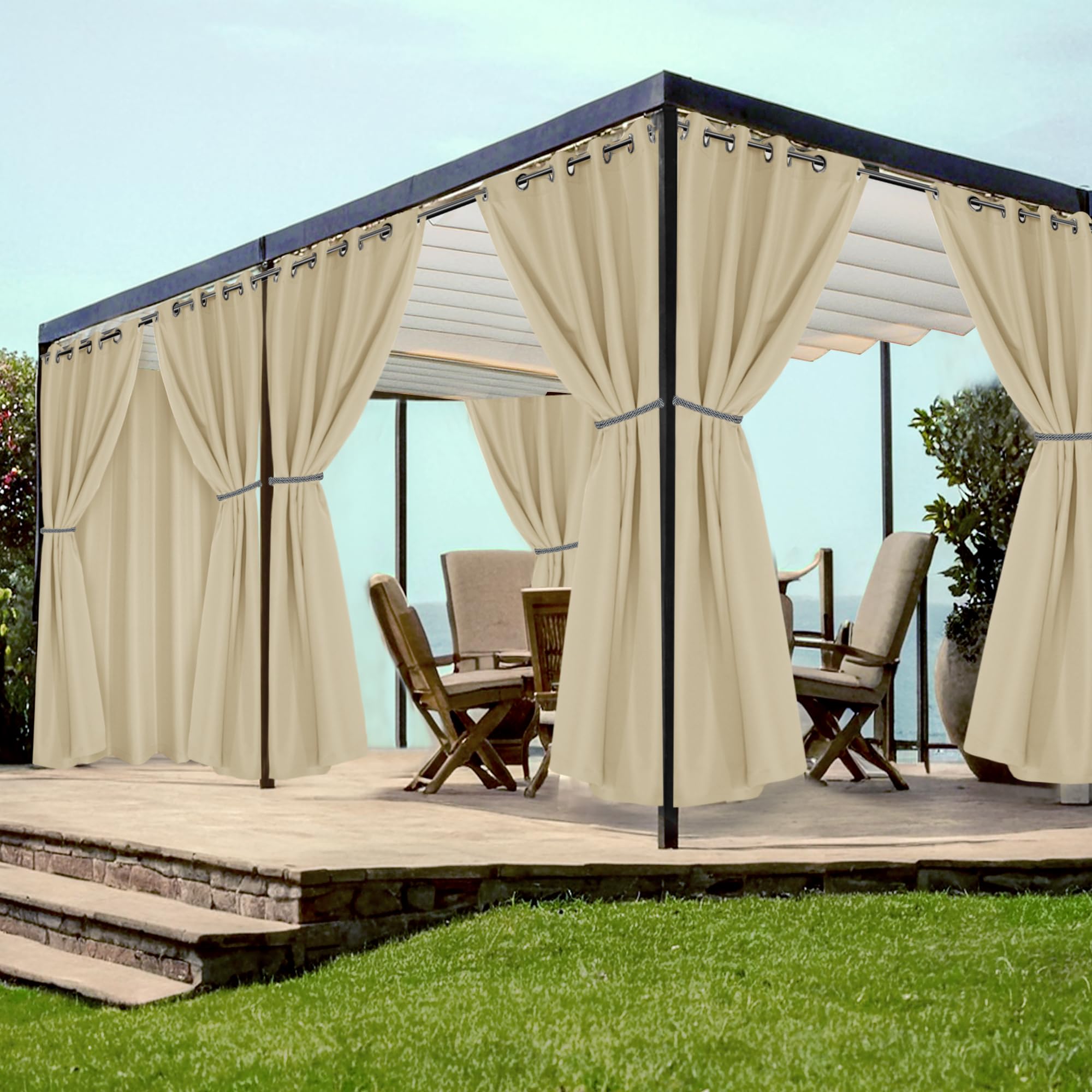 Photo 1 of HolidayIdeas Grommet Outdoor Curtains for Patio Waterproof 8 Pcs All Weather Balcony Outside Curtain Drapes for Apartments, Gazebo, Pergolas, Porch, 54x84 Inch, Cream