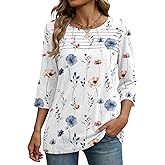 Zeagoo Womens Tops 3/4 Length Sleeve Blouses Dressy Casual Shirt Pleated Front Tunic Floral Printed Spring Clothes