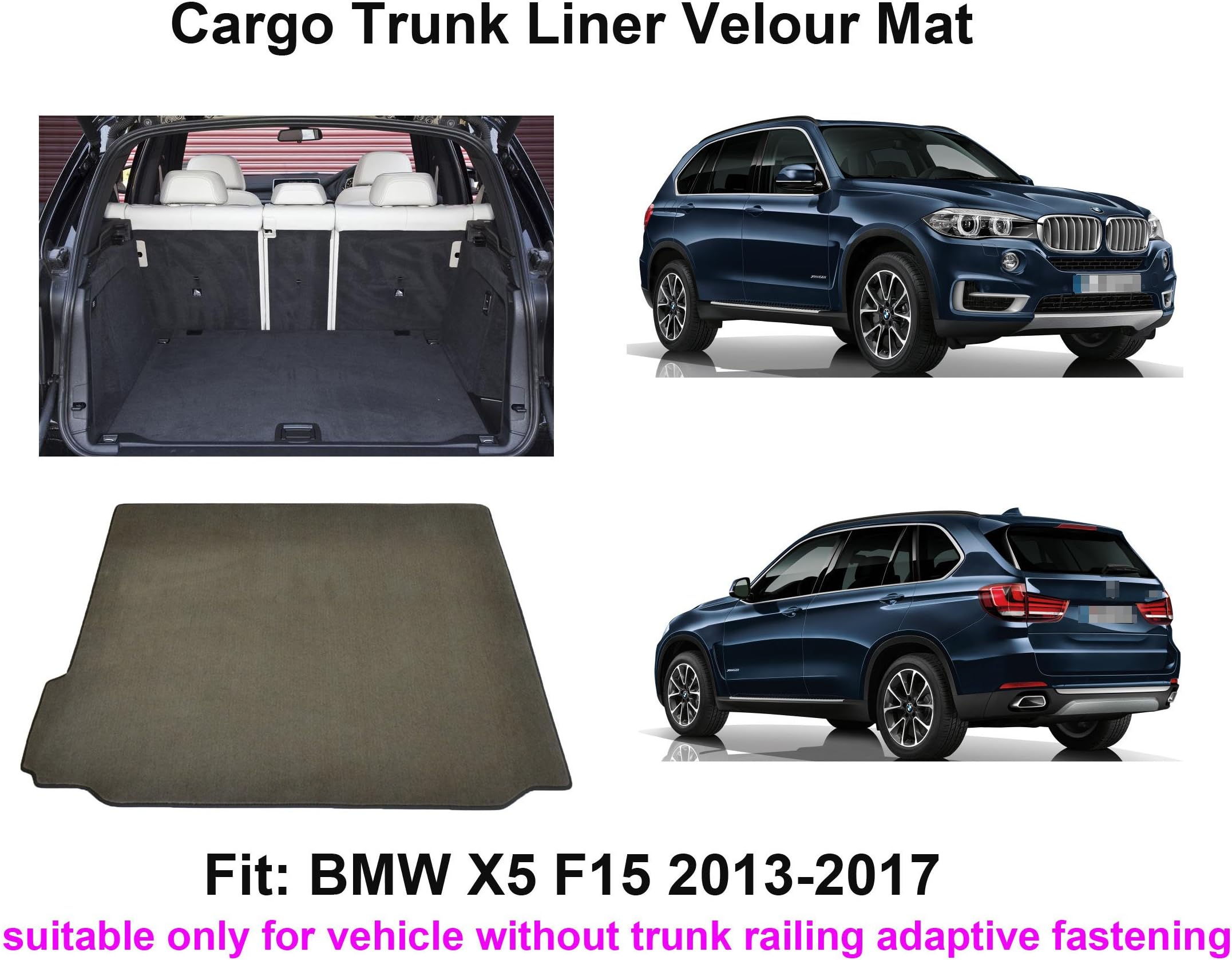Texcarmats Rear Trunk Liner Boot Velour Mat Cargo Tray Floor Suitable for BMW X5 F15 2013-2017 fit All Models Without Railing Adaptive Fastening System in Trunk Fully Tailored mat