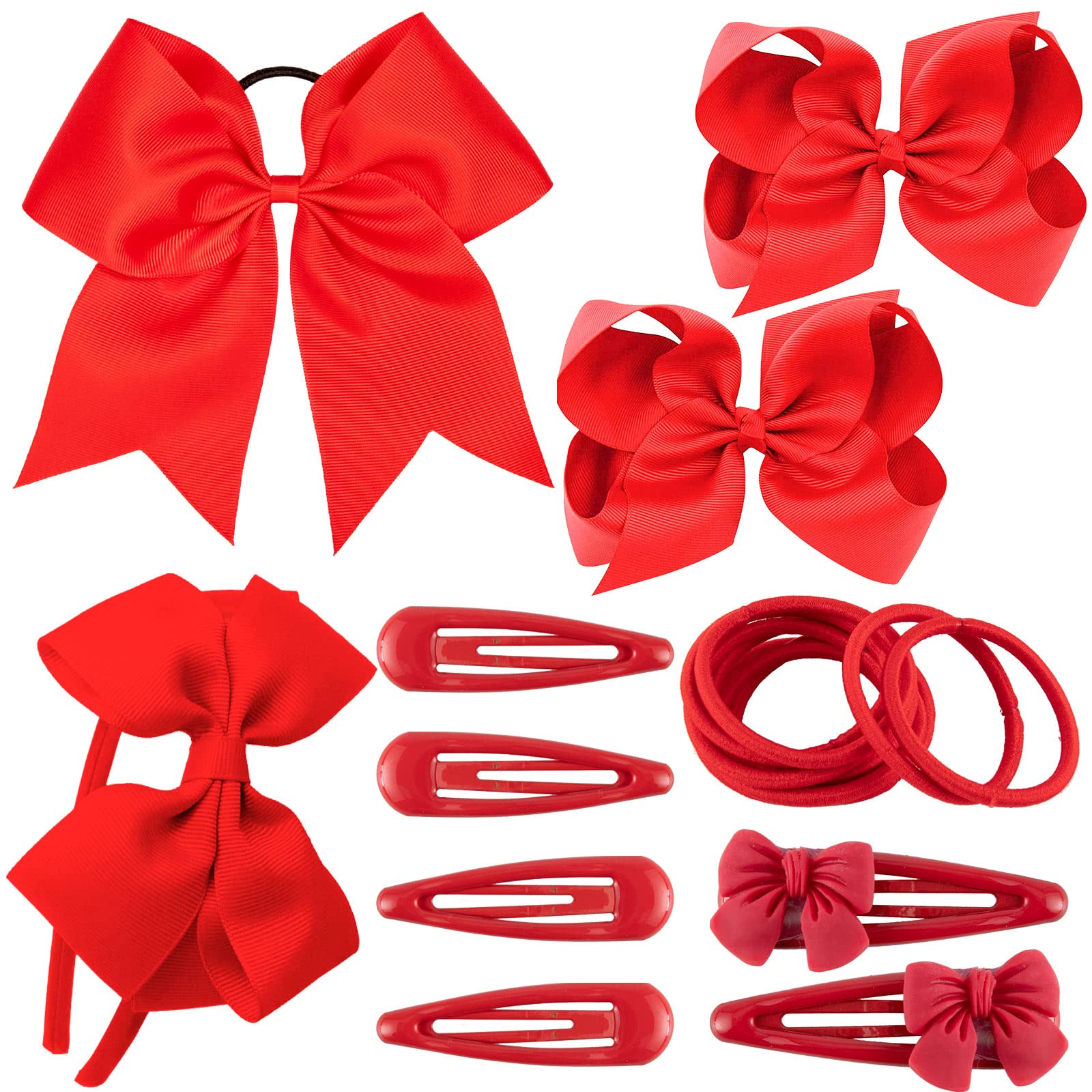 Whaline 20Pcs Red Girls School Hair Accessories Kit 8 Inch Large Cheer Bow Elastic Hair Band Ponytail Holder Bow Headband Hair Clips Ribbon Hair Barrettes for Toddlers Christmas Birthday Gift