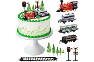 MEMOVAN Train Cake Toppers 13pcs Train Cake Decorations Mini Trains Toy Traffic Track Railway Lights Cake Topper Decorations for Boy's Kids Steam Trains Theme Birthday Party Supplies