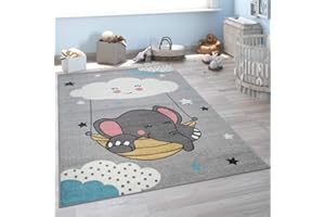 Paco Home Kid´s Rug for Nursery, Cloud and Elephant Motif in Grey, Size: 4'4" x 6'3"