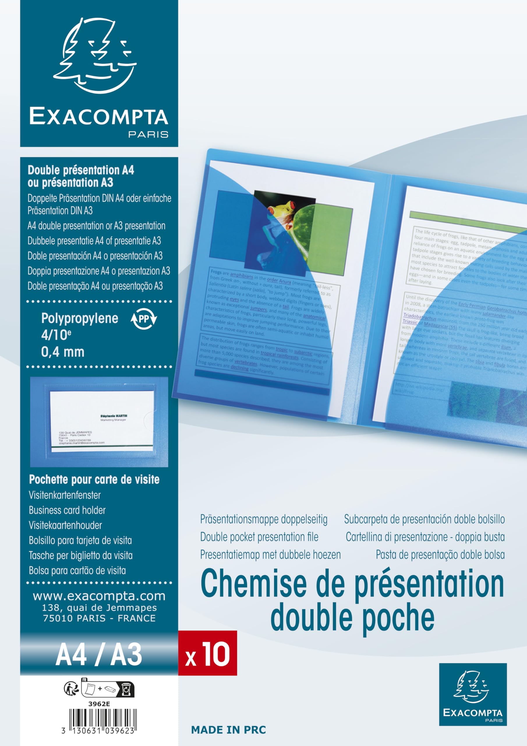 Exacompta - Ref 3962E - Double Pocket Presentation Folder - 230 x 320mm in Size, Suitable for A4 or Folded A3 Documents, Business Card Holder - Blue Cover (Pack of 20)