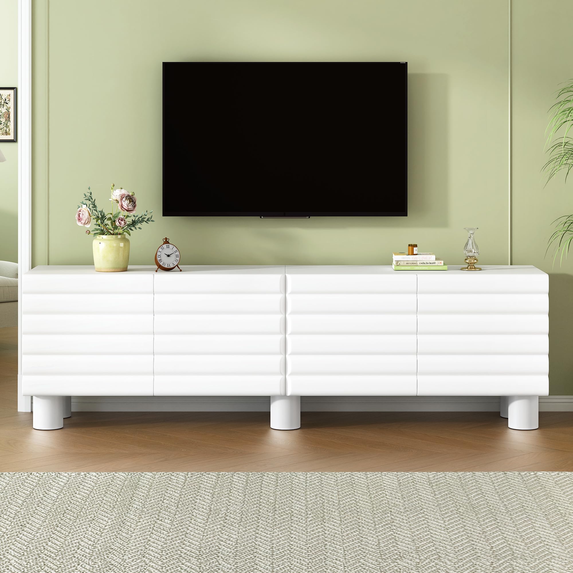 Photo 1 of **Parts Only** Merax Stylish Thick Wavy Door TV Cabinet with Adjustable Shelves, Cream Style TV Stand with 4 Cabinets for TVs Up to 75", Solid Media Console for Living Room, White