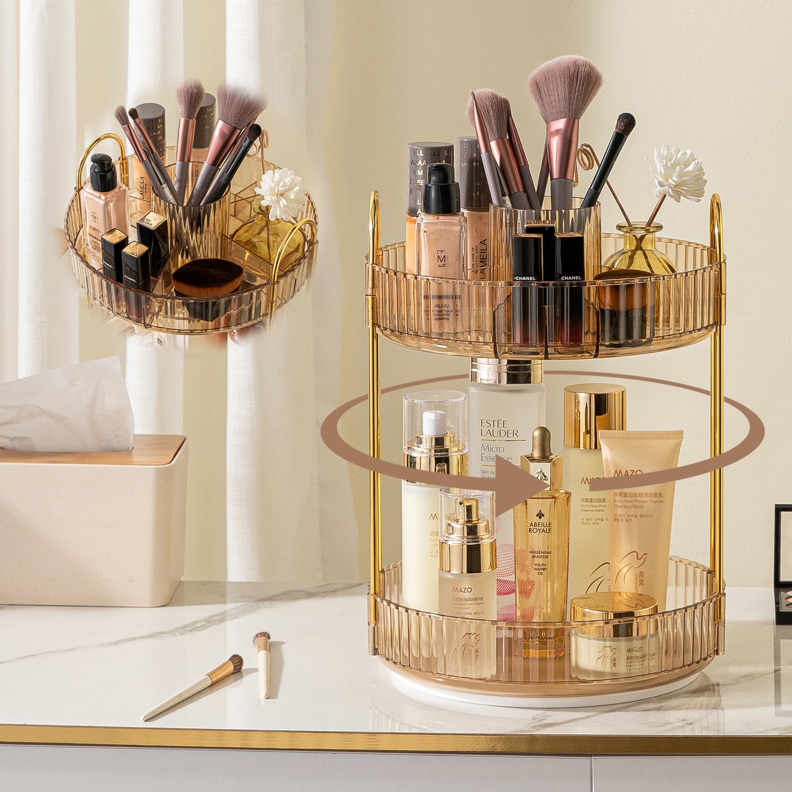 Photo 1 of shuang qing Rotating Makeup Organizer for Vanity, High-Capacity Skincare Clear Make Up Storage Perfume Organizers Cosmetic Dresser Organizer Countertop 360 Spinning (Gold, New-2 Tier)