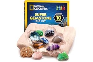 National Geographic Super Gemstone Dig Kit – Excavate 10 Real Gems and Build a Kids Rock Collection, Includes Dig Tools, Magn
