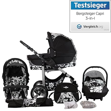 Bergsteiger Capri Kinderwagen 3 in 1 Kombikinderwagen Megaset 10 teilig inkl. Babyschale, Babywanne, Sportwagen und Zubehör