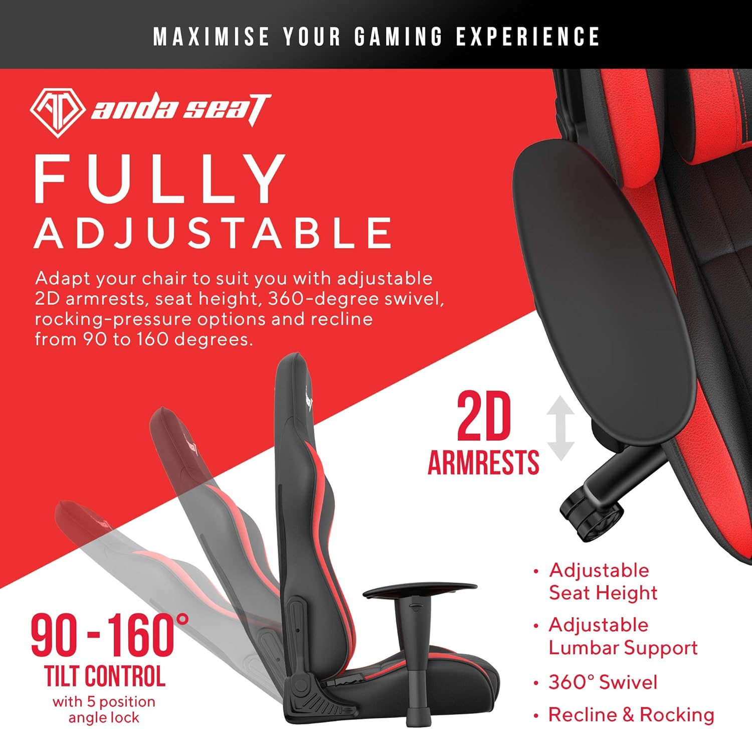 Anda Seat Jungle Pro Gaming Chair Red Premium Ergonomic Office Desk