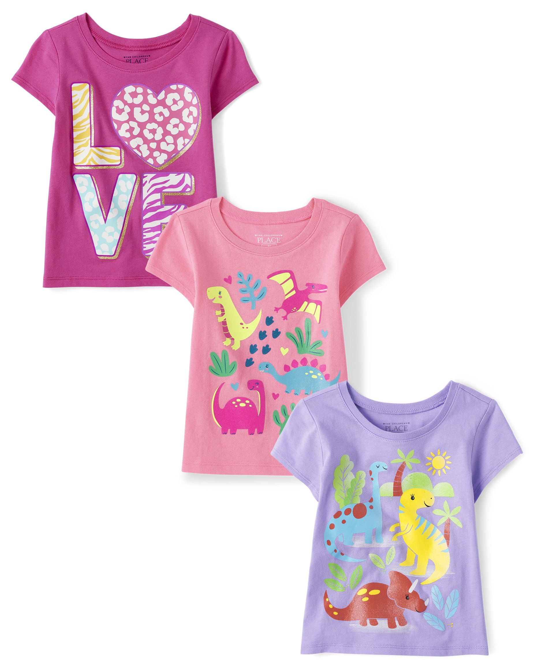 Photo 1 of  ***ONLY 2***
The Children's Place,Baby Girls,and Toddler Dinos Short Sleeve Graphic T-Shirts,Multipacks,Purple Dinos/Pink Dinos/Love 3-Pack,5 Years