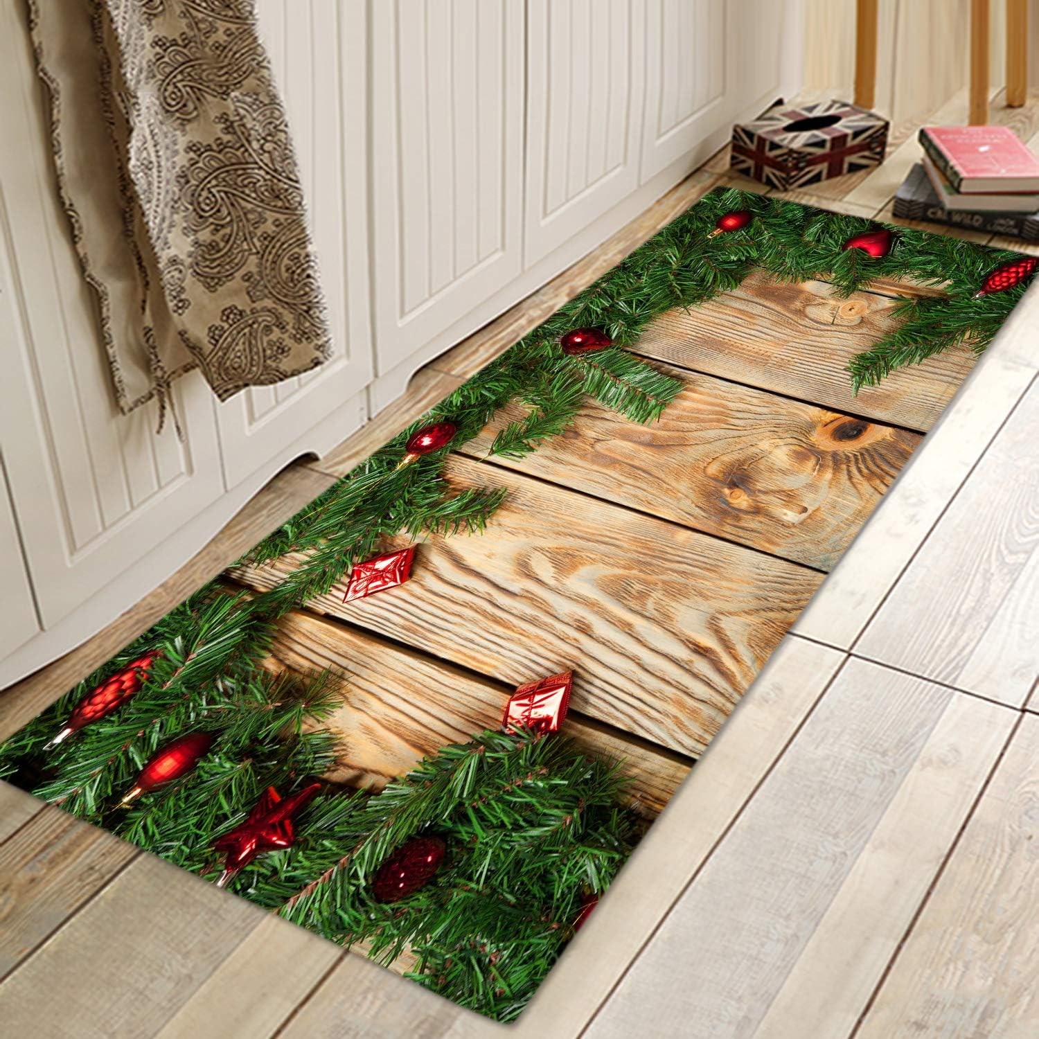 Christmas Plank Pine Branch Print Memory Foam Comfort mat Non Slip Super Soft Coral Fleece rug Doormats Carpet for Kitchen Dining and Living Room 47 X 16 inches