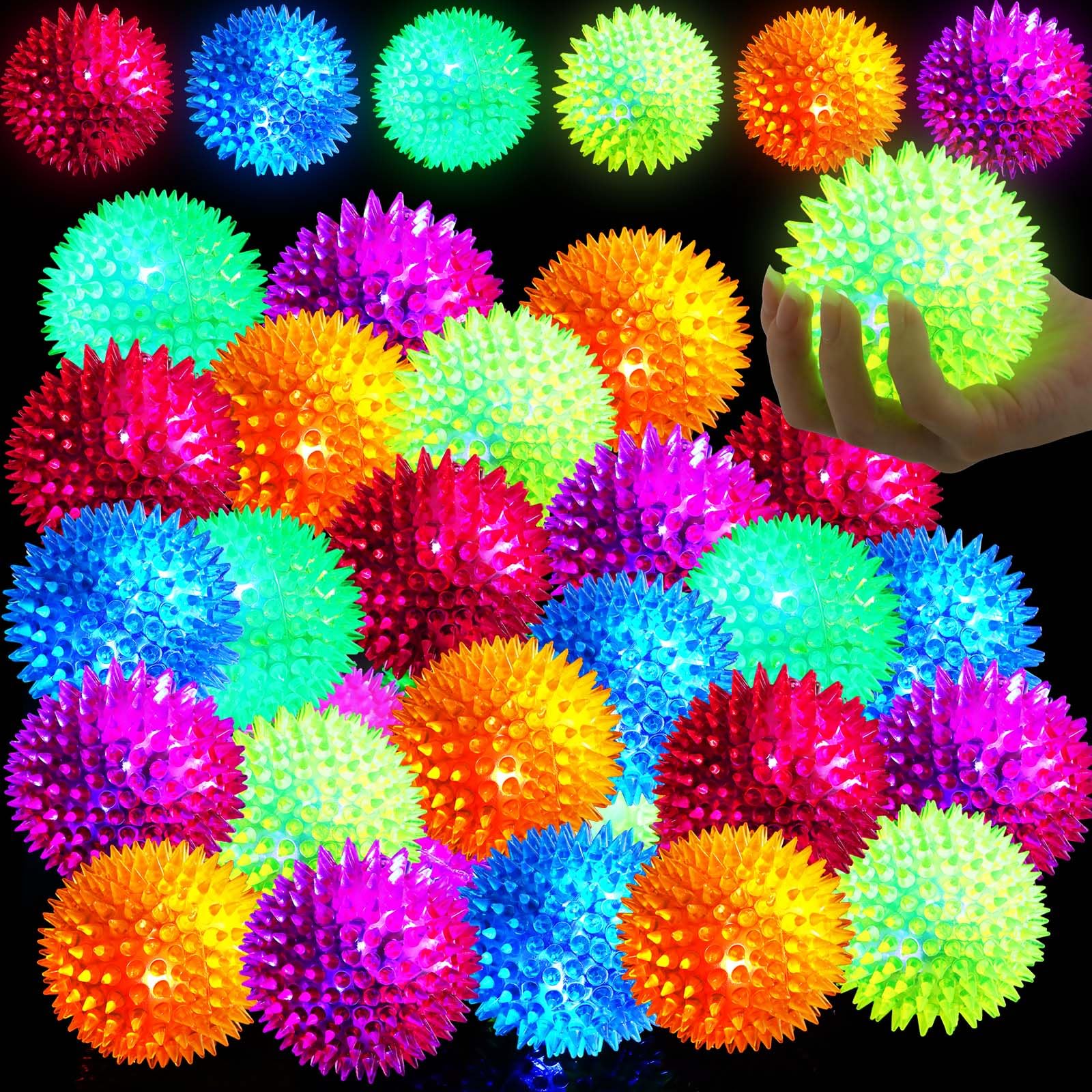 Photo 1 of Liliful 30 Pcs Large Light up Bouncy Balls 3.4 Inch LED Rubber Ball Spiky Flashing Lights Holiday Toy Blinking Sensory Bouncy Flash Stress Ball for Adults, Pets, Party Favors, Christmas