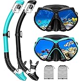 Snorkeling Gear for Adults, Snorkel Set Scuba Diving mask Dry-Top, Adult Swimming Goggles w/Nose Cover, HD Tempered Glass Panoramic Anti-Leak Anti-Fog, Travel Snorkeling Packages
