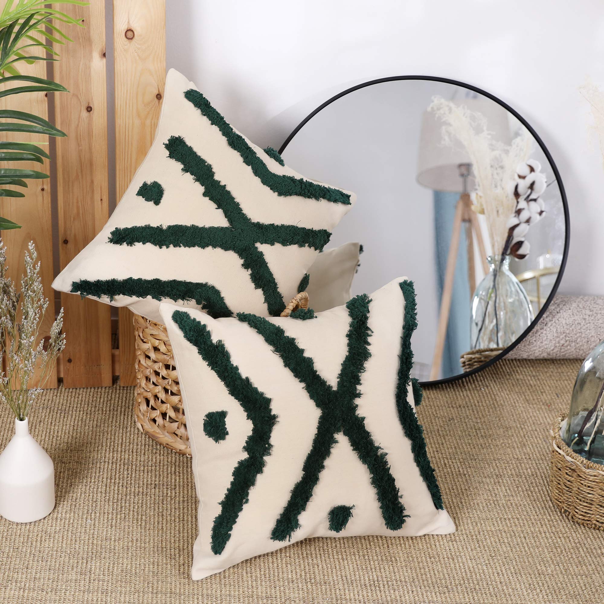 Deconovo 2 Pack Cotton Cushion Covers Throw Pillowcases for Sofa Livingroom Bed with Luxury Embroidered Cross Pattern with Invisible Zipper 45x45 cm 18 x 18 Inch Dark Green